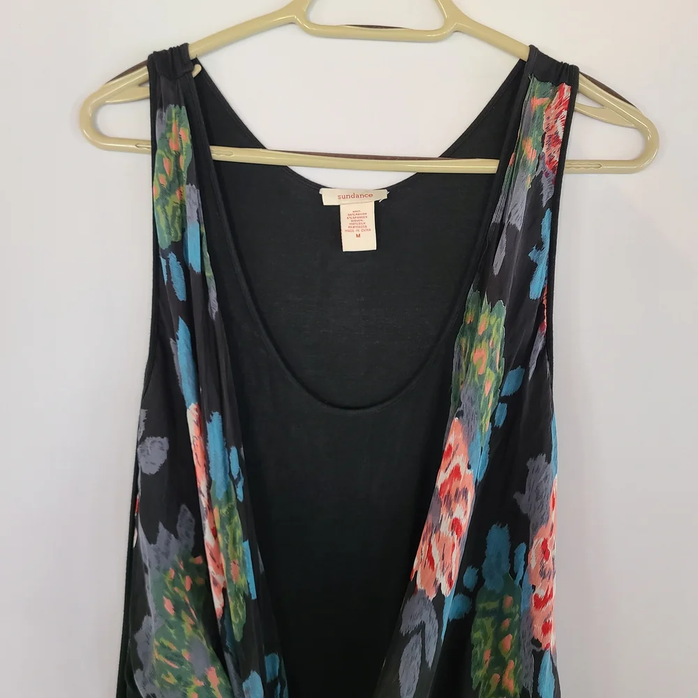 Sundance Black Maxi Dress with Sheer Silk Floral / Peacock Overlay Accent Medium